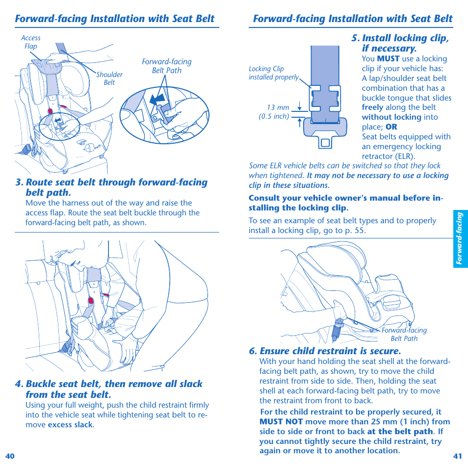 Forward-facing installation with seat belt, Route seat belt through forward-facing belt path, Install locking clip, if necessary | Ensure child restraint is secure | Evenflo Symphony 65 User Manual | Page 22 / 35