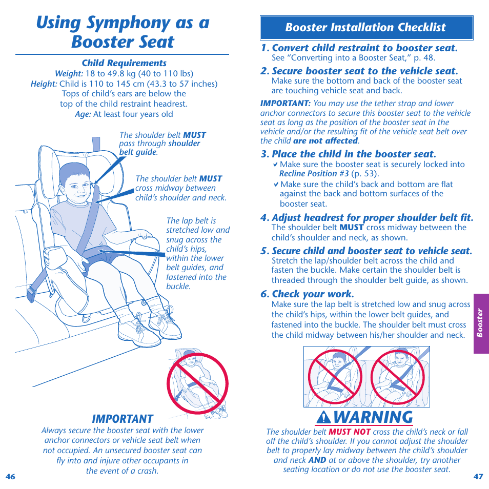 Using symphony as a booster seat, Warning, Important | Booster installation checklist | Evenflo Symphony 65 User Manual | Page 25 / 35