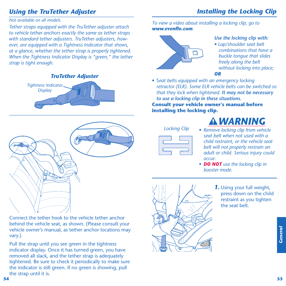 Warning, Using the trutether adjuster, Installing the locking clip | Evenflo Symphony 65 User Manual | Page 29 / 35