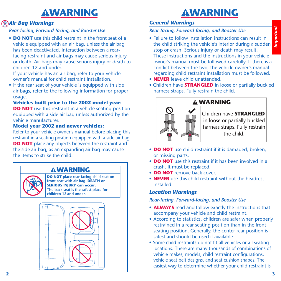 Warning | Evenflo Symphony 65 User Manual | Page 3 / 35