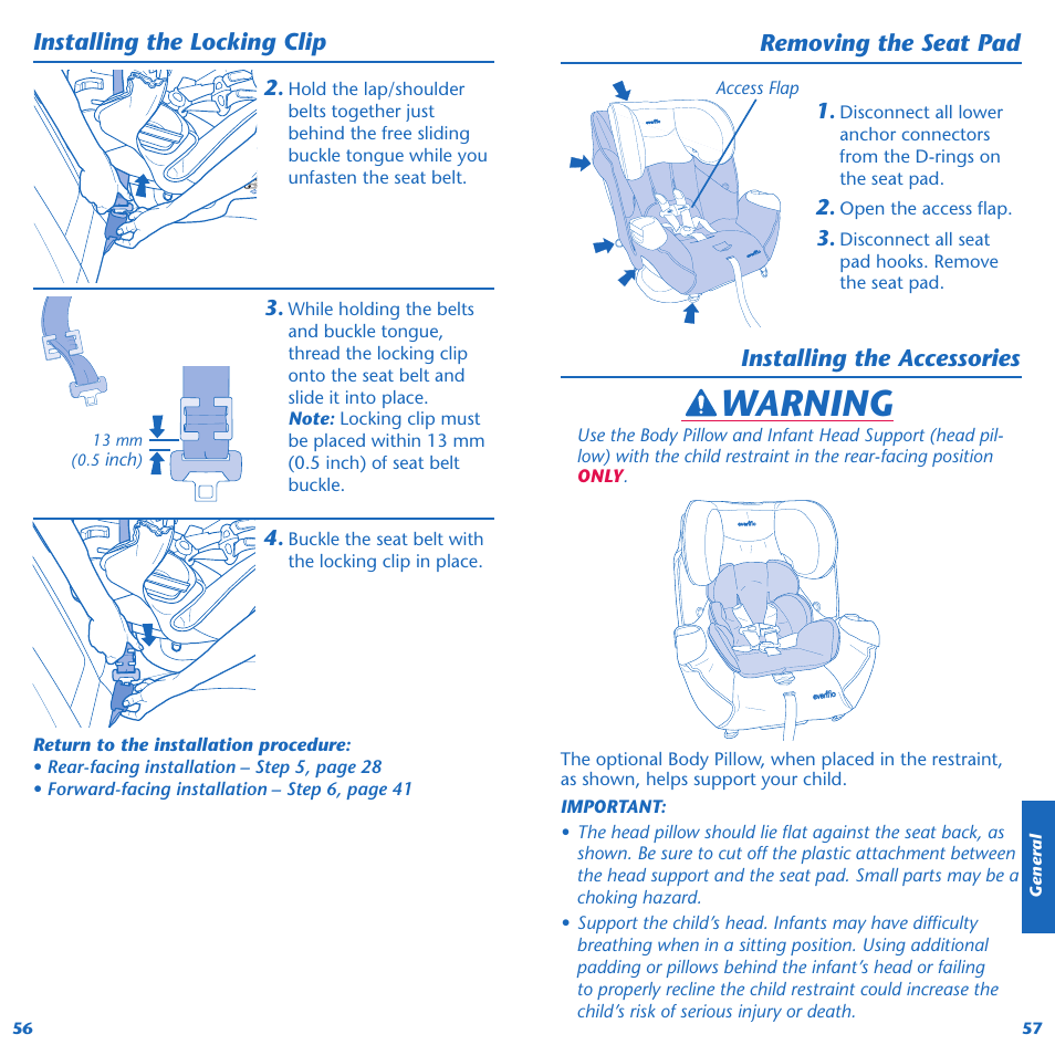 Warning, Installing the locking clip, Removing the seat pad | Installing the accessories | Evenflo Symphony 65 User Manual | Page 30 / 35