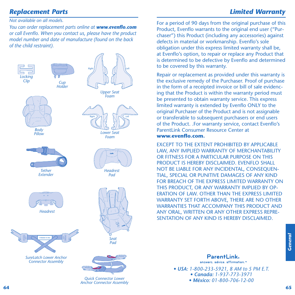 Replacement parts, Limited warranty | Evenflo Symphony 65 User Manual | Page 34 / 35