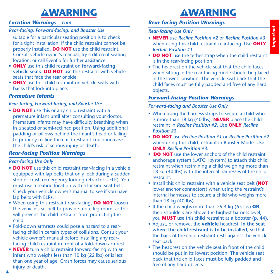 Warning | Evenflo Symphony 65 User Manual | Page 4 / 35