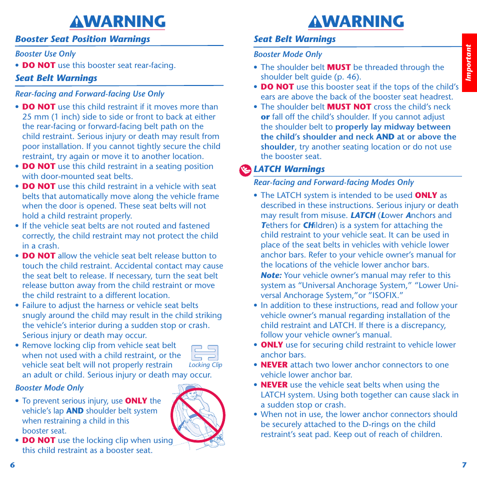 Warning | Evenflo Symphony 65 User Manual | Page 5 / 35