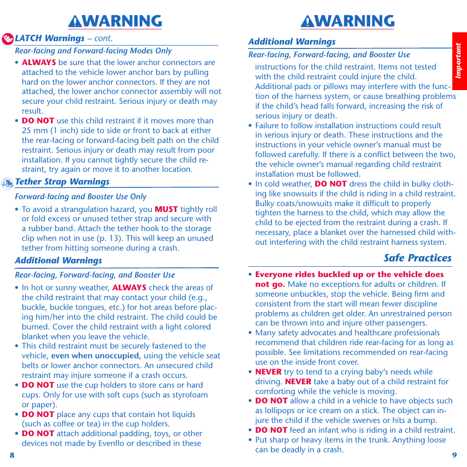 Warning, Safe practices | Evenflo Symphony 65 User Manual | Page 6 / 35