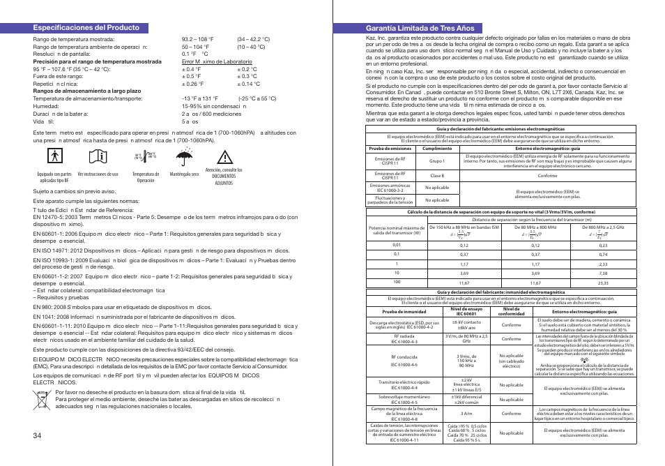 34 especificaciones del producto, Garantía limitada de tres años | Braun ThermoScan IRT 6510 User Manual | Page 19 / 20