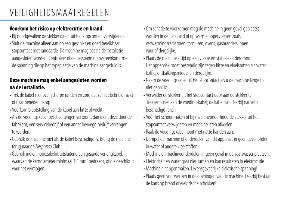 Veiligheidsmaatregelen | Nespresso Essenza C99 User Manual | Page 119 / 140