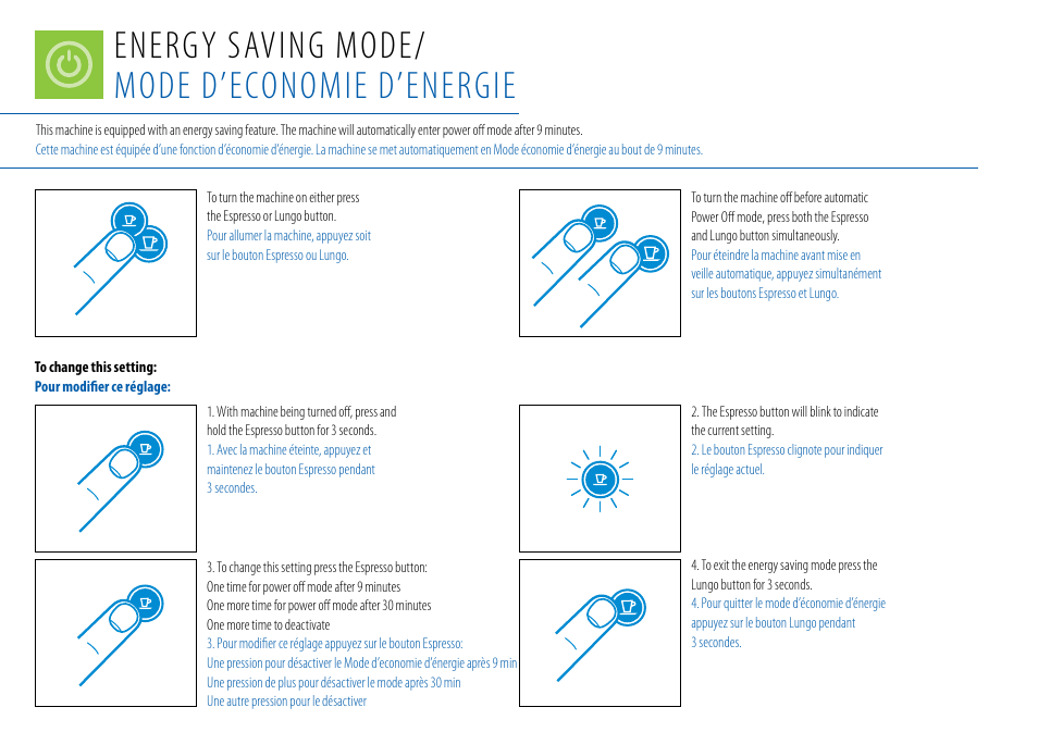 Energy saving mode/ mode d’economie d’energie | Nespresso Essenza C99 User Manual | Page 12 / 140