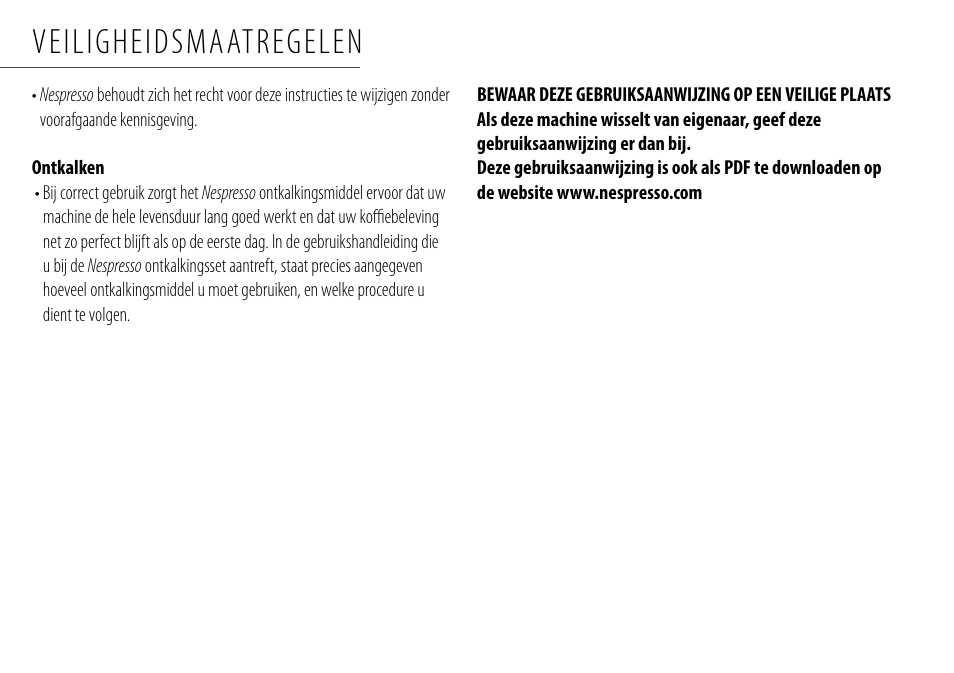 Veiligheidsmaatregelen | Nespresso Essenza C99 User Manual | Page 121 / 140