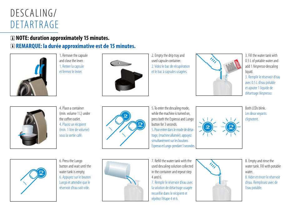Descaling/ detartrage | Nespresso Essenza C99 User Manual | Page 18 / 140