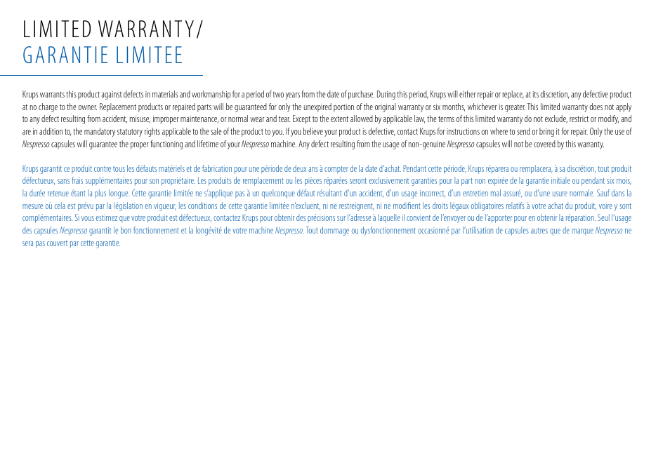 Limited warranty/ garantie limitee | Nespresso Essenza C99 User Manual | Page 24 / 140