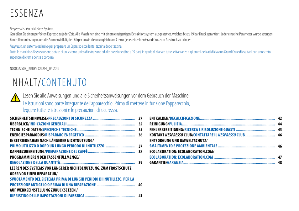 Essenza, Inhalt/ contenuto | Nespresso Essenza C99 User Manual | Page 25 / 140