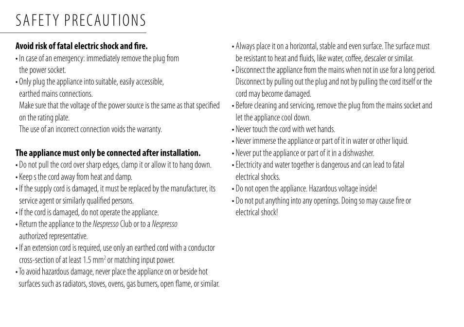 Safety precautions | Nespresso Essenza C99 User Manual | Page 4 / 140
