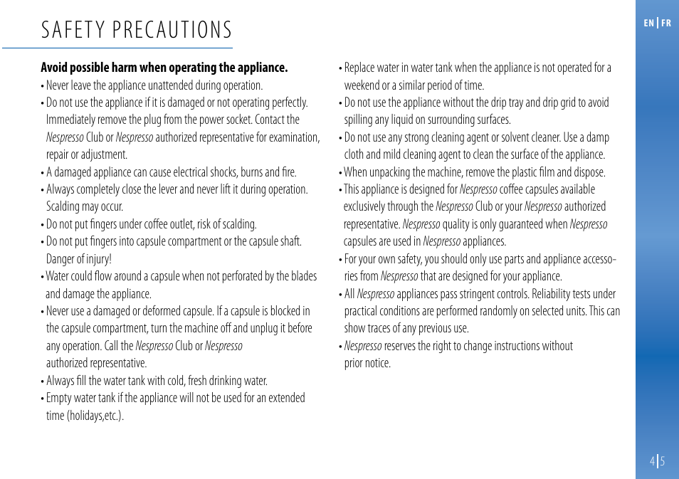 Safety precautions | Nespresso Essenza C99 User Manual | Page 5 / 140