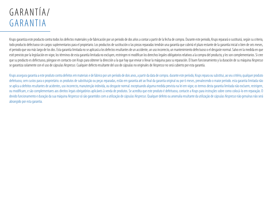 Garantía/ garantia | Nespresso Essenza C99 User Manual | Page 70 / 140