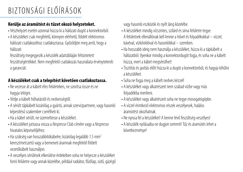 Biztonsági előírások | Nespresso Essenza C99 User Manual | Page 73 / 140