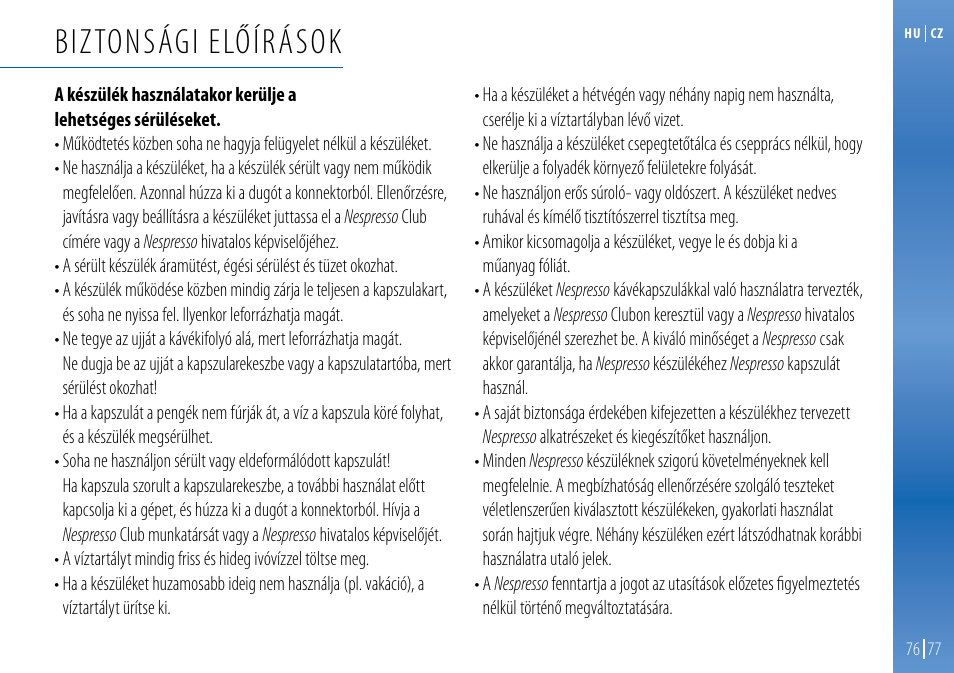 Biztonsági előírások | Nespresso Essenza C99 User Manual | Page 74 / 140