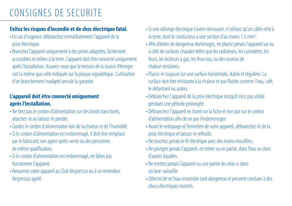 Consignes de securite | Nespresso Essenza C99 User Manual | Page 8 / 140