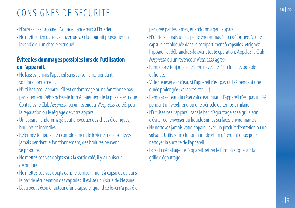 Consignes de securite | Nespresso Essenza C99 User Manual | Page 9 / 140