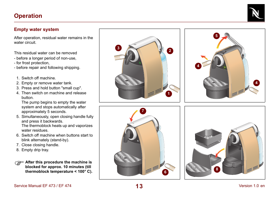 Empty water system, 13 operation | Nespresso Essenza FS EF 474 User Manual | Page 13 / 38