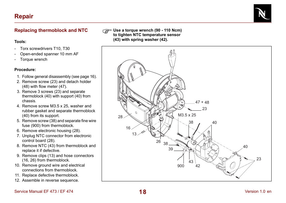 Replacing thermoblock and ntc, 18 repair | Nespresso Essenza FS EF 474 User Manual | Page 18 / 38