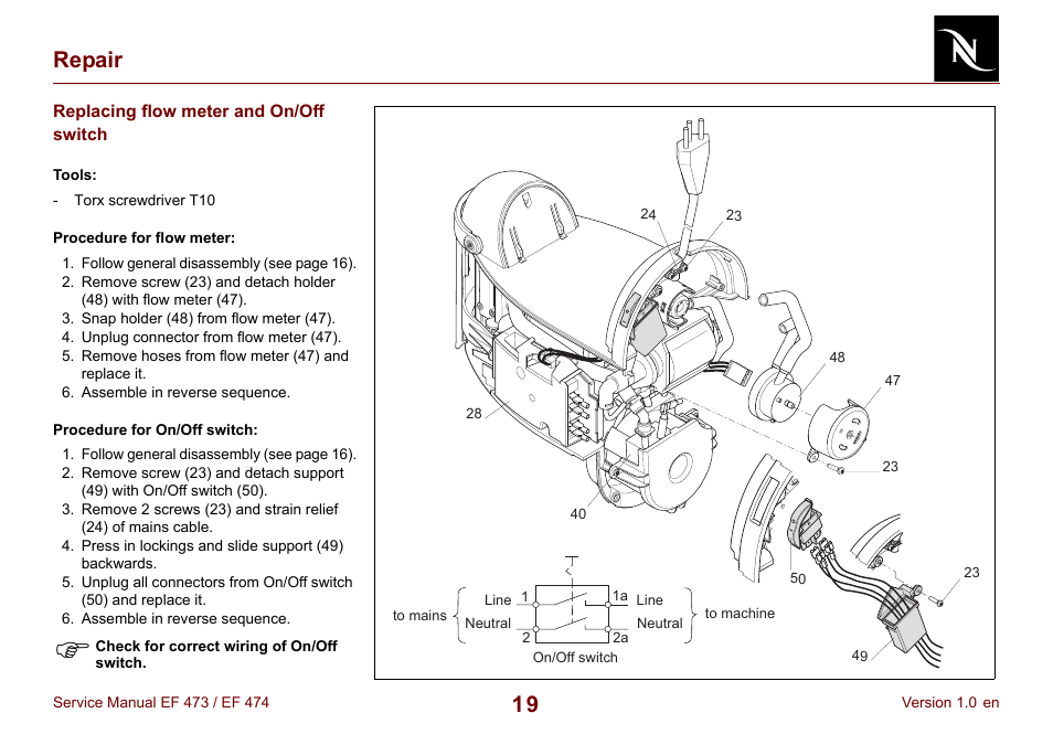 Replacing flow meter and on/off switch, 19 repair | Nespresso Essenza FS EF 474 User Manual | Page 19 / 38