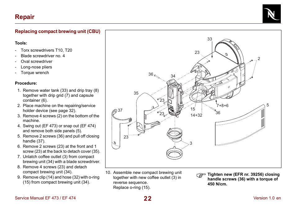 Replacing compact brewing unit (cbu), 22 repair | Nespresso Essenza FS EF 474 User Manual | Page 22 / 38