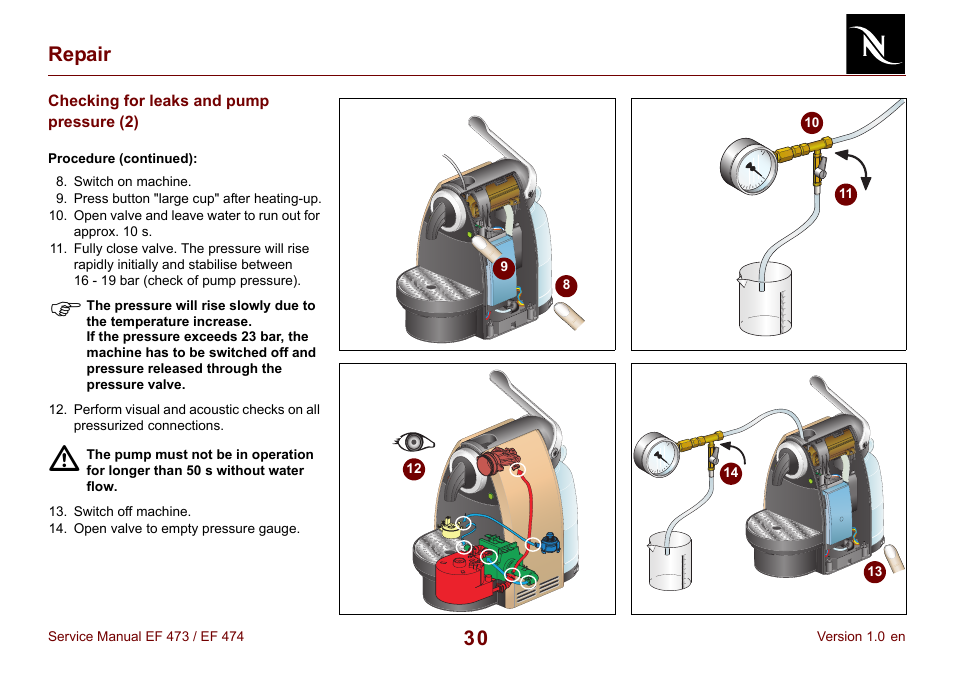 Checking for leaks and pump pressure (2), 30 repair | Nespresso Essenza FS EF 474 User Manual | Page 30 / 38