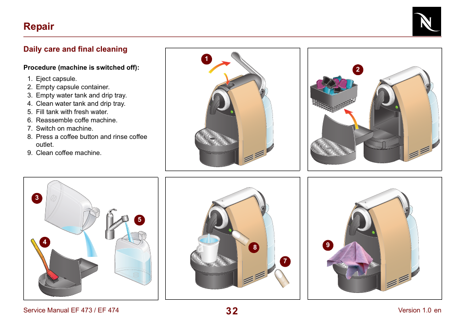 Daily care and final cleaning, 32 repair | Nespresso Essenza FS EF 474 User Manual | Page 32 / 38