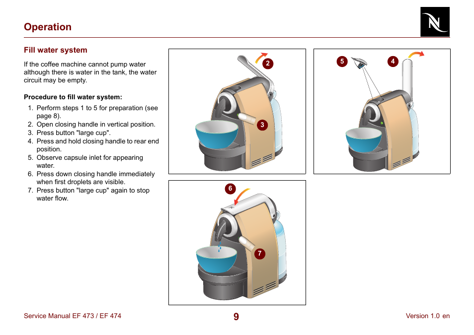 Fill water system, 9operation | Nespresso Essenza FS EF 474 User Manual | Page 9 / 38