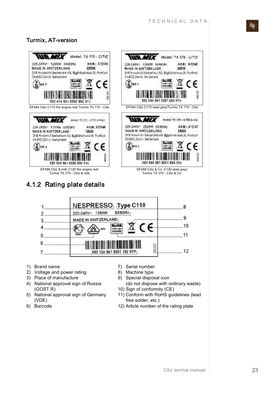 2 rating plate details, Turmix, at­version | Nespresso Citiz & Co  EF 488 User Manual | Page 23 / 158