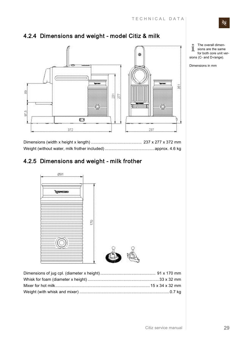 4 dimensions and weight ­ model citiz & milk, 5 dimensions and weight ­ milk frother | Nespresso Citiz & Co  EF 488 User Manual | Page 29 / 158