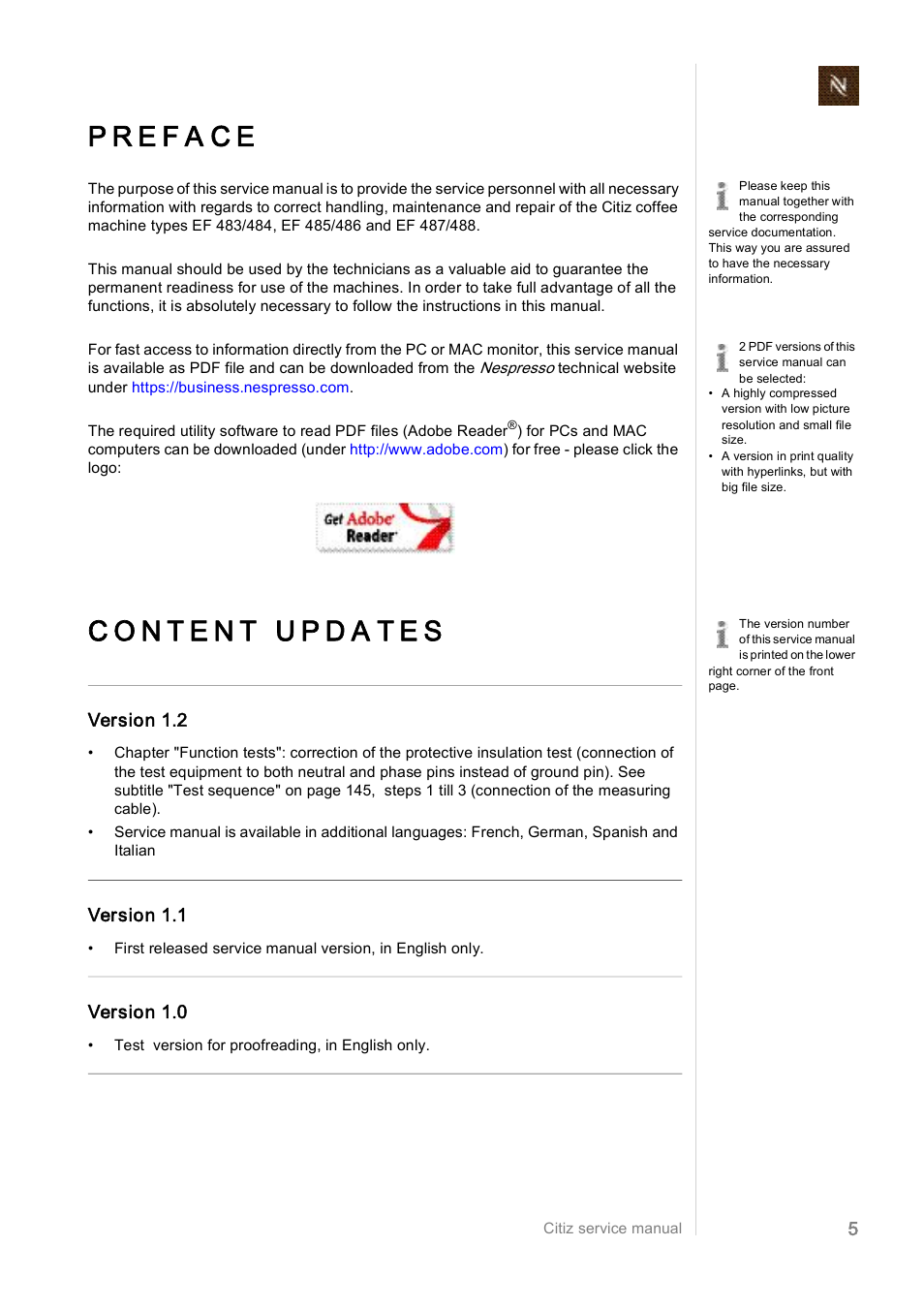 Version 1.2, Version 1.1, Version 1.0 | Nespresso Citiz & Co  EF 488 User Manual | Page 5 / 158