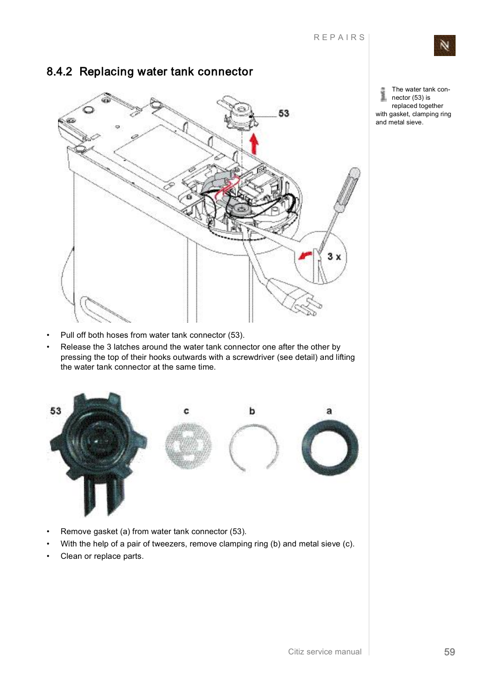 2 replacing water tank connector | Nespresso Citiz & Co  EF 488 User Manual | Page 59 / 158