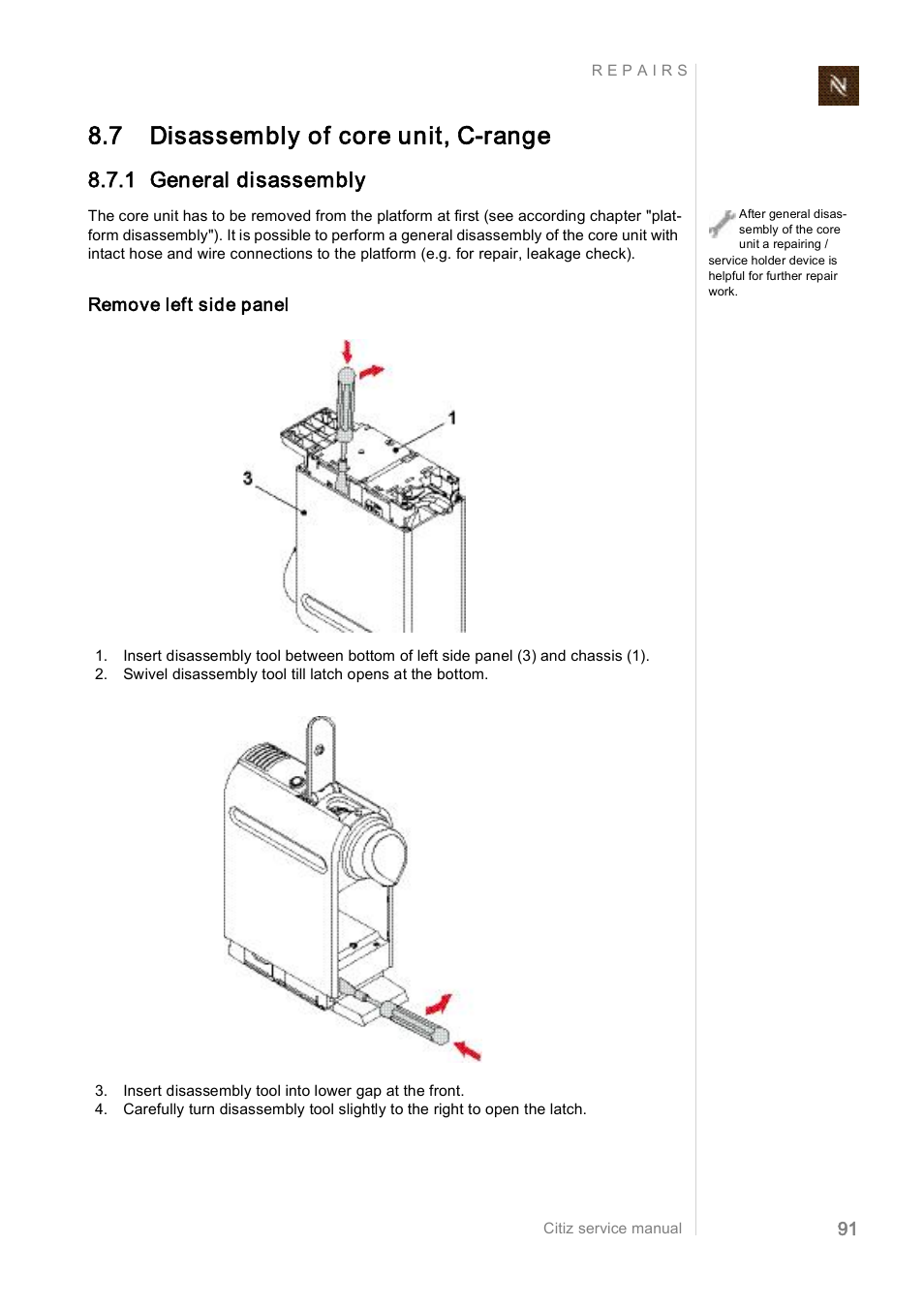 7 disassembly of core unit, c­range, 1 general disassembly | Nespresso Citiz & Co  EF 488 User Manual | Page 91 / 158