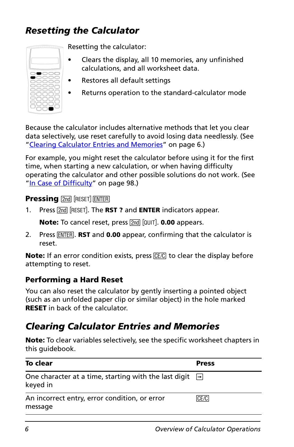 Resetting the calculator, Clearing calculator entries and memories | Texas Instruments BA II PLUS User Manual | Page 10 / 114