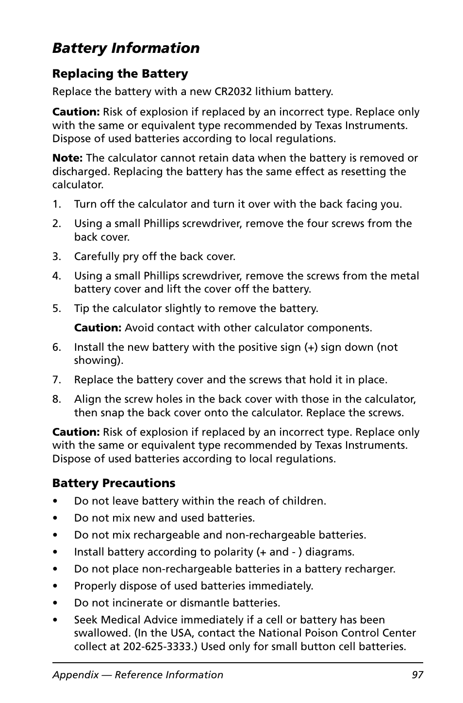 Battery information | Texas Instruments BA II PLUS User Manual | Page 101 / 114