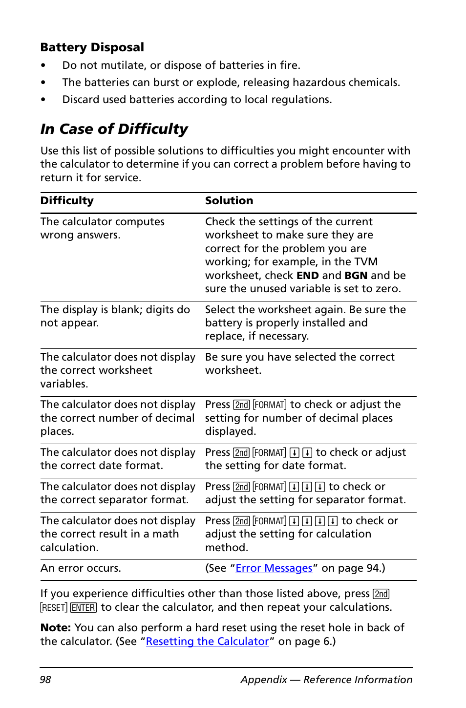 In case of difficulty | Texas Instruments BA II PLUS User Manual | Page 102 / 114