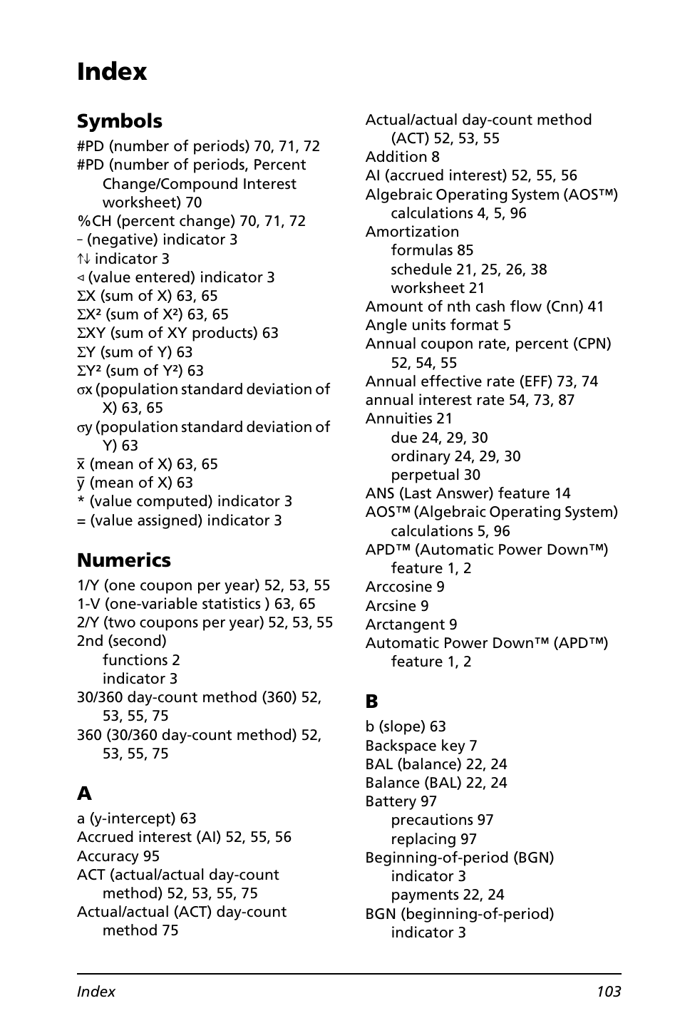 Index, Symbols, Numerics | Texas Instruments BA II PLUS User Manual | Page 107 / 114