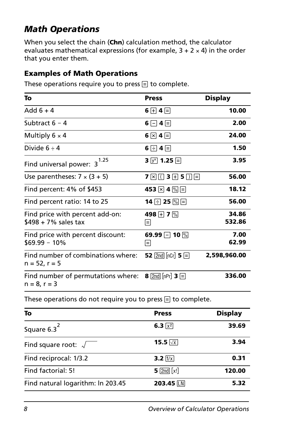 Math operations | Texas Instruments BA II PLUS User Manual | Page 12 / 114