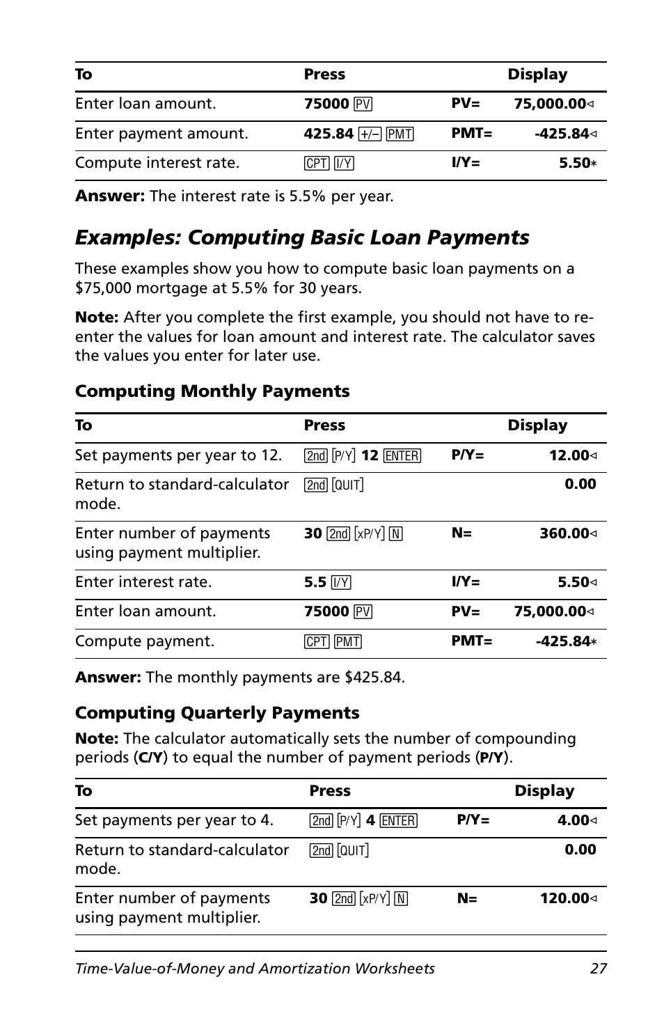 Examples: computing basic loan payments | Texas Instruments BA II PLUS User Manual | Page 31 / 114