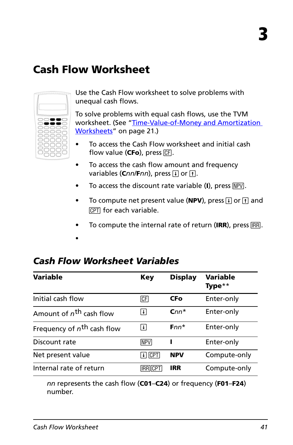 Cash flow worksheet, Cash flow worksheet variables | Texas Instruments BA II PLUS User Manual | Page 45 / 114