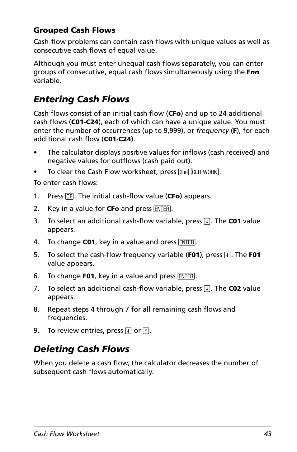 Entering cash flows, Deleting cash flows, Entering cash flows deleting cash flows | Texas Instruments BA II PLUS User Manual | Page 47 / 114