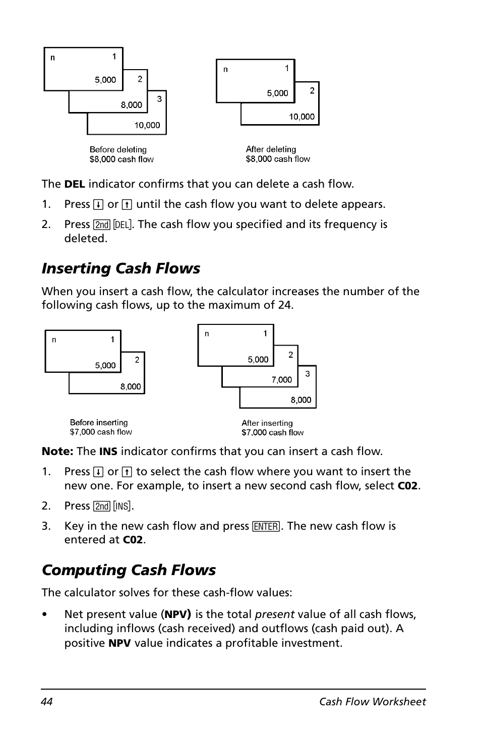 Inserting cash flows, Computing cash flows, Inserting cash flows computing cash flows | Texas Instruments BA II PLUS User Manual | Page 48 / 114