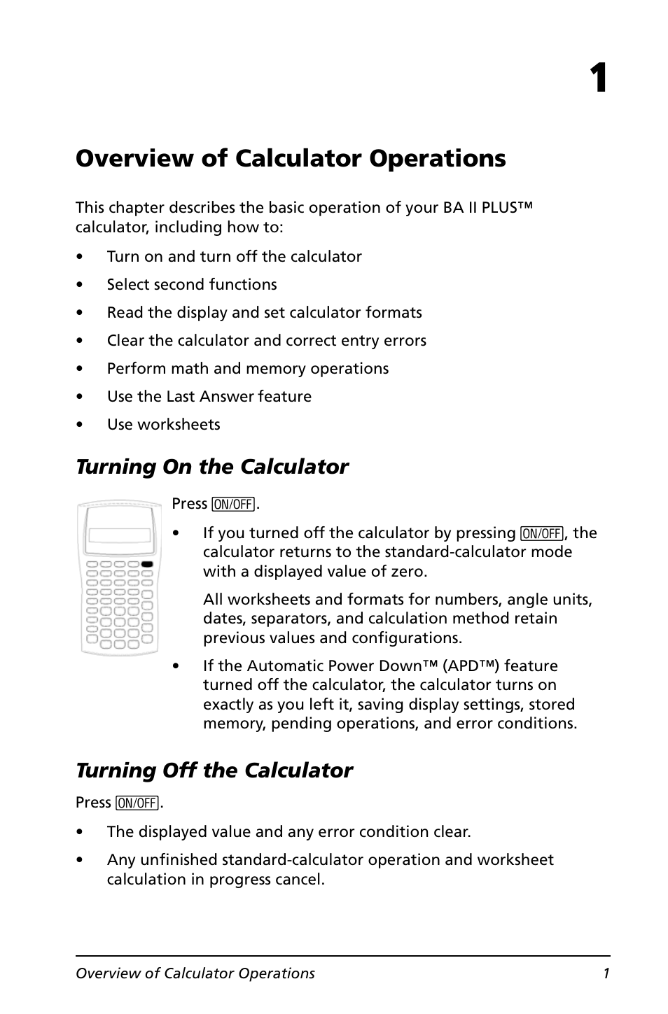 Overview of calculator operations, Turning on the calculator, Turning off the calculator | Texas Instruments BA II PLUS User Manual | Page 5 / 114