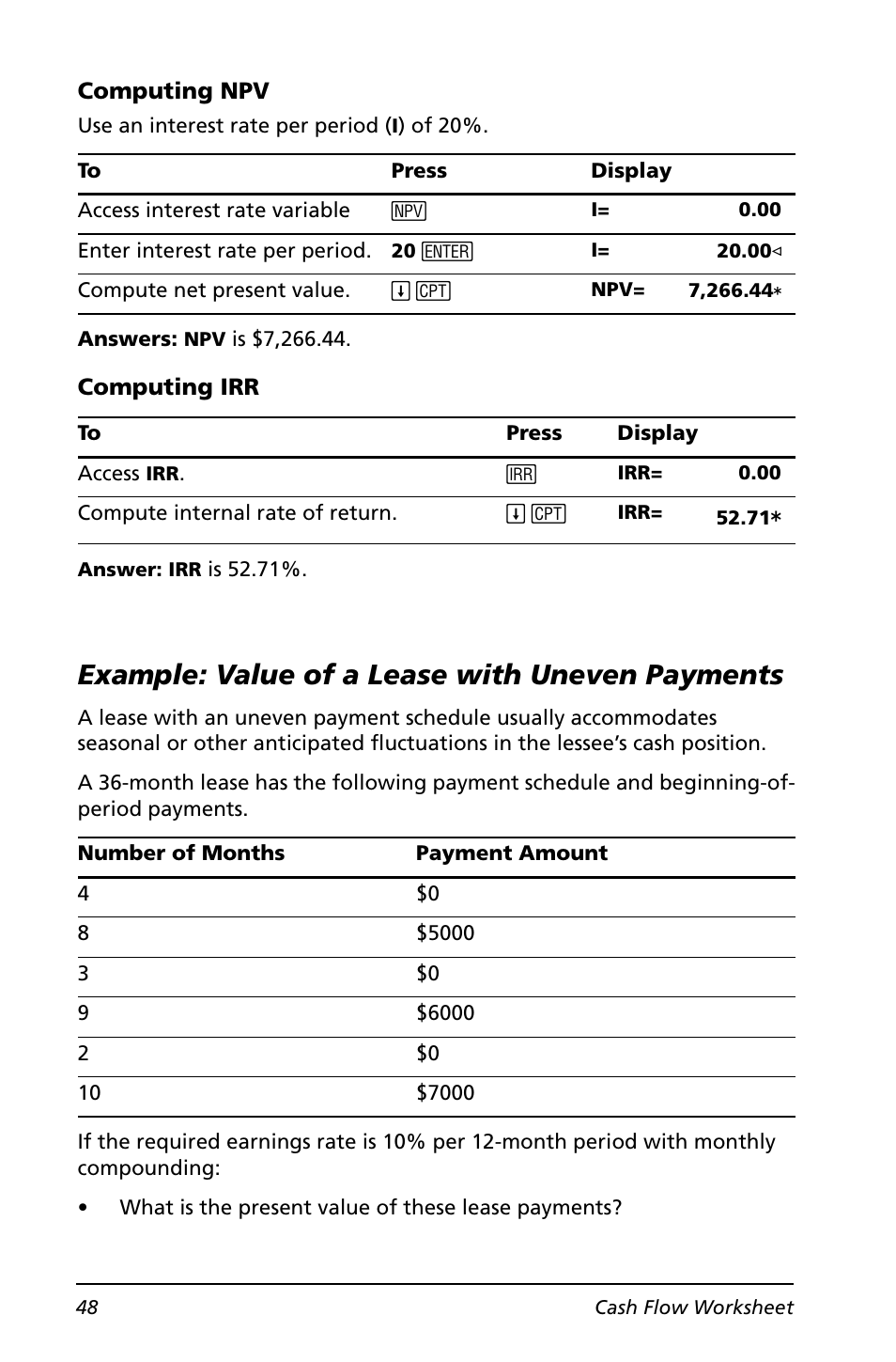 Example: value of a lease with uneven payments | Texas Instruments BA II PLUS User Manual | Page 52 / 114