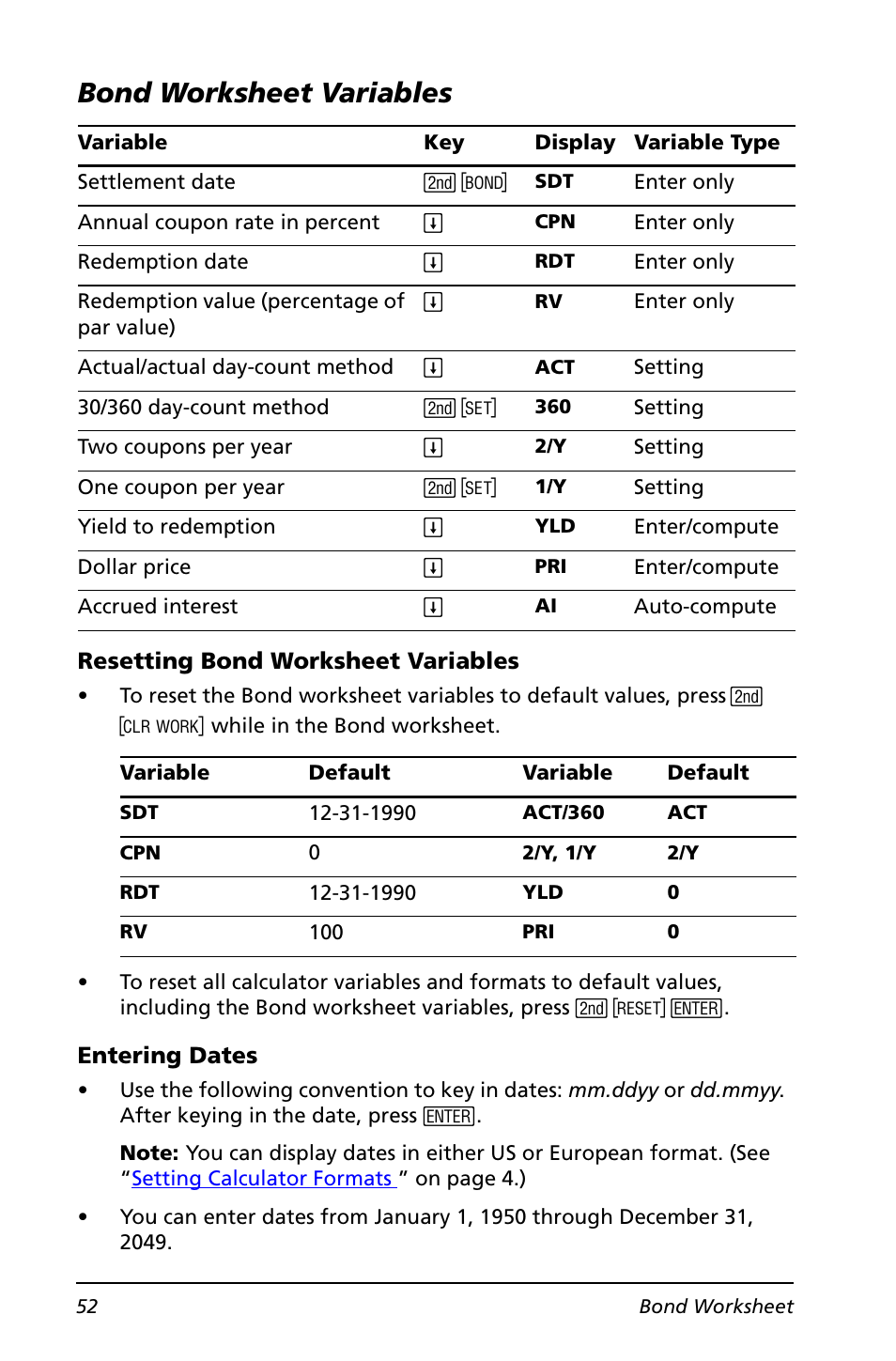 Bond worksheet variables | Texas Instruments BA II PLUS User Manual | Page 56 / 114