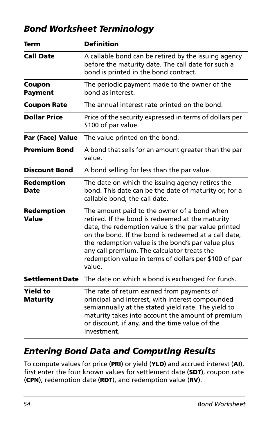 Bond worksheet terminology, Entering bond data and computing results | Texas Instruments BA II PLUS User Manual | Page 58 / 114