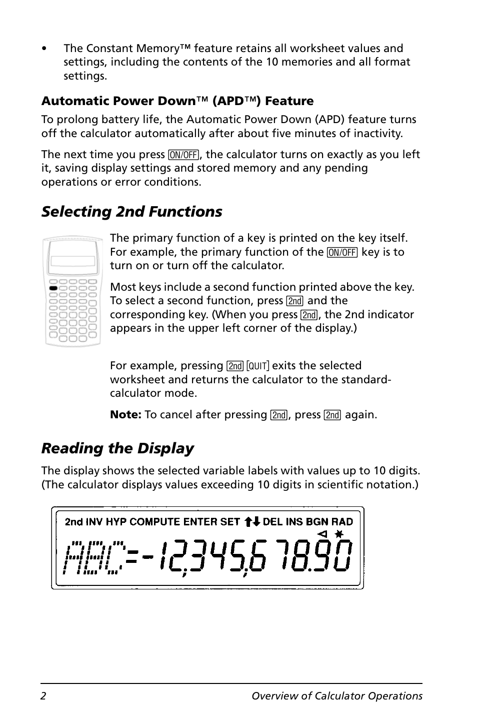 Selecting 2nd functions, Reading the display, Selecting 2nd functions reading the display | Texas Instruments BA II PLUS User Manual | Page 6 / 114