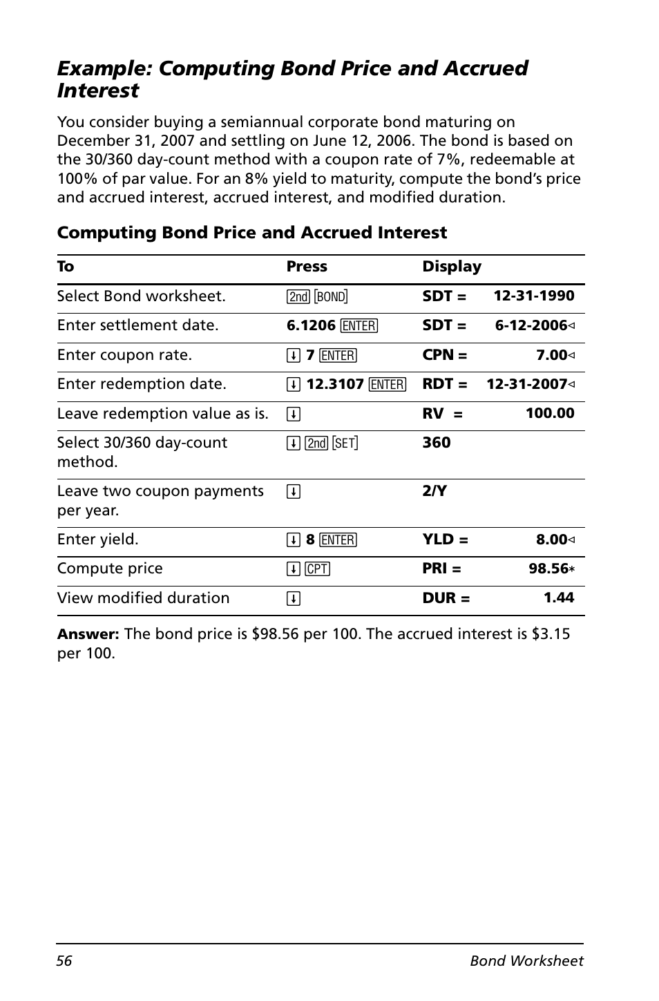 Example: computing bond price and accrued interest | Texas Instruments BA II PLUS User Manual | Page 60 / 114
